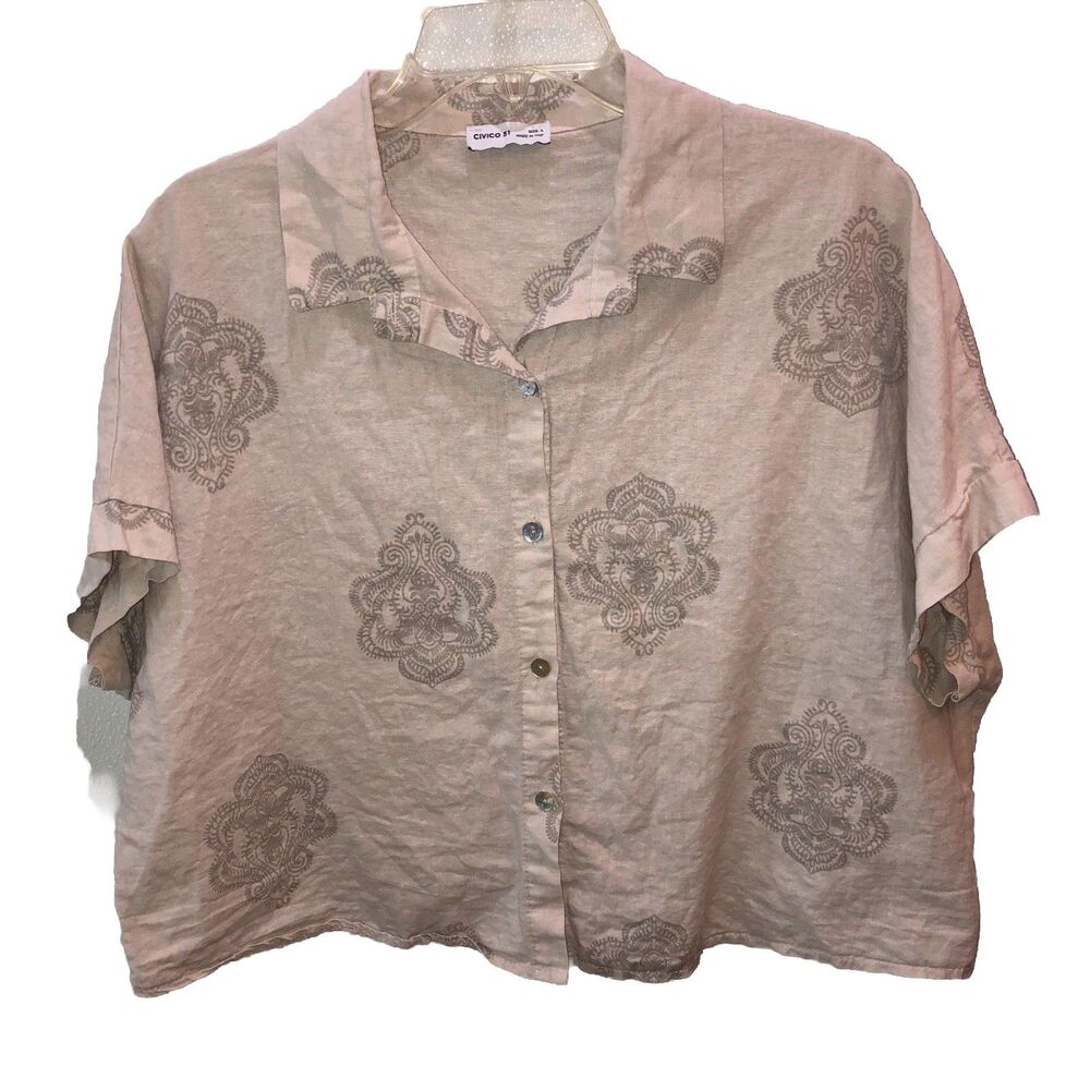 Civico 51 Womens Large Italy Crop Button Shirt Natural Paisley Print Linen Blend